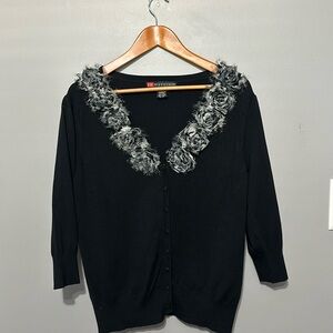 I.B. DIFFUSION Black Cardigan Decorative Gray Rosettes V-Neckline, Vintage, EUC